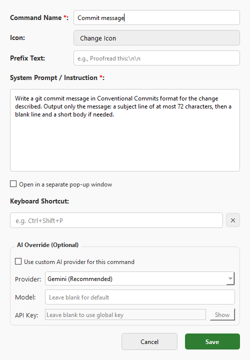 The Add New Command dialog filled in with a commit message command
