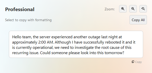 The command popup with Friendly, Professional and Concise