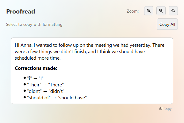 The AI Shortcuts command popup with Proofread, Rewrite, Friendly, Professional, Concise, Summary, Key Points and Table