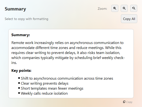 Response window with a summary and a list of key points