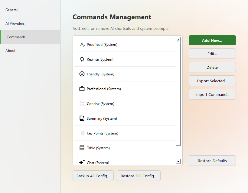 The Commands Management page listing built-in commands with Add New, Edit and Delete buttons
