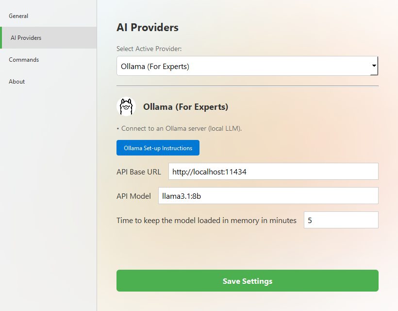 AI Providers settings with Ollama selected, showing API Base URL and API Model