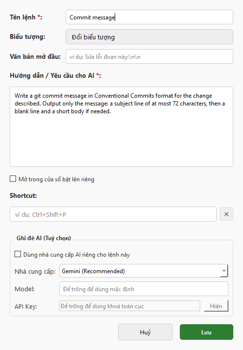 Hộp thoại Add New Command với lệnh commit message đã điền