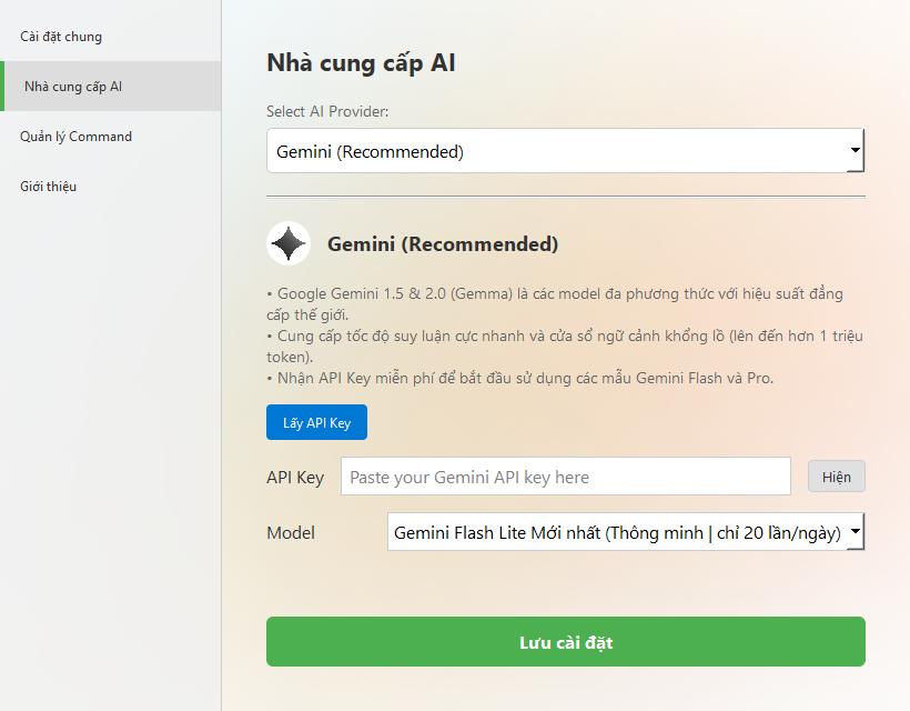 Cài đặt nhà cung cấp AI với Gemini, ô API key và danh sách mô hình