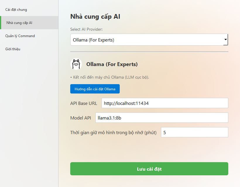 Cài đặt nhà cung cấp AI với Ollama, hiển thị API Base URL và API Model