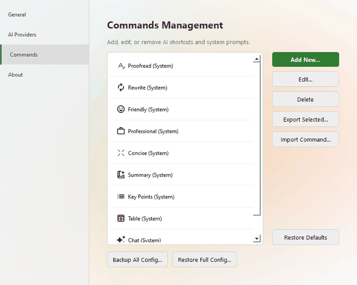 Command Manager: add, reorder, import and export commands